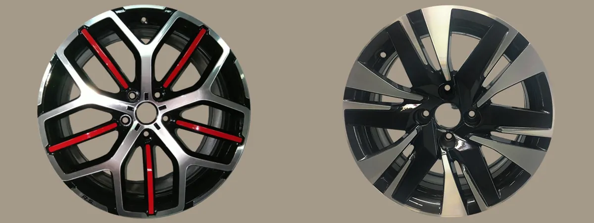 Rénovation complète d'une jante alu bi-ton après réparation de bordure à l'atelier Jante Express Coutras.