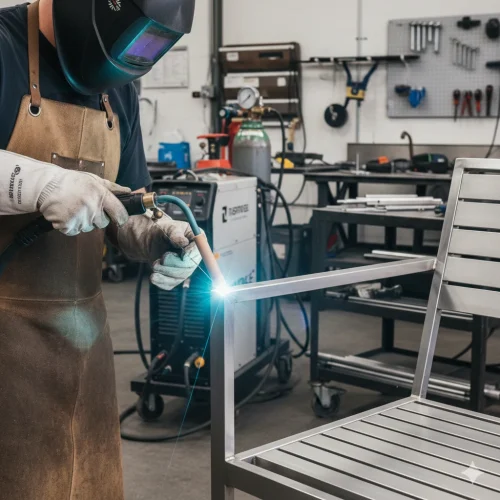 Soudure TIG de précision sur un fauteuil de jardin en aluminium dans un atelier professionnel à Coutras, Gironde
