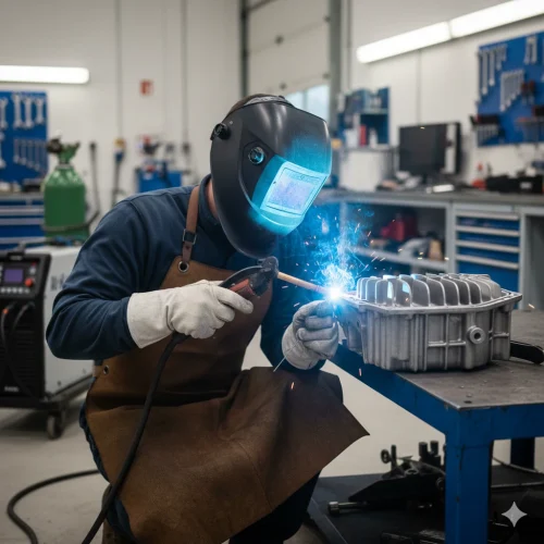 Réparation par soudure TIG haute précision d'un carter moteur en aluminium fissuré, expertise technique à Coutras en Gironde.